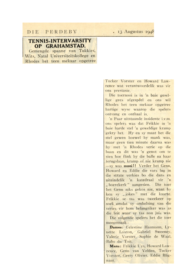 Perdeby 13 August 1948, Tennis Inter-varsity